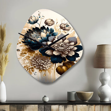 Blue And Gold Dahlia Bunch I - Asymmetric Metal Wall Clock